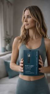 blonde, fit woman holding a NAD+ labs Injection box